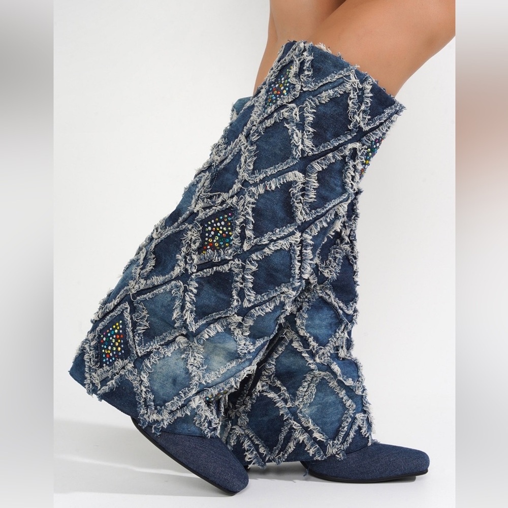 •CAPE ROBBIN• “Bobome” Blue Studded Denim Stiletto Pointed Boots // NIB - Picture 2 of 13